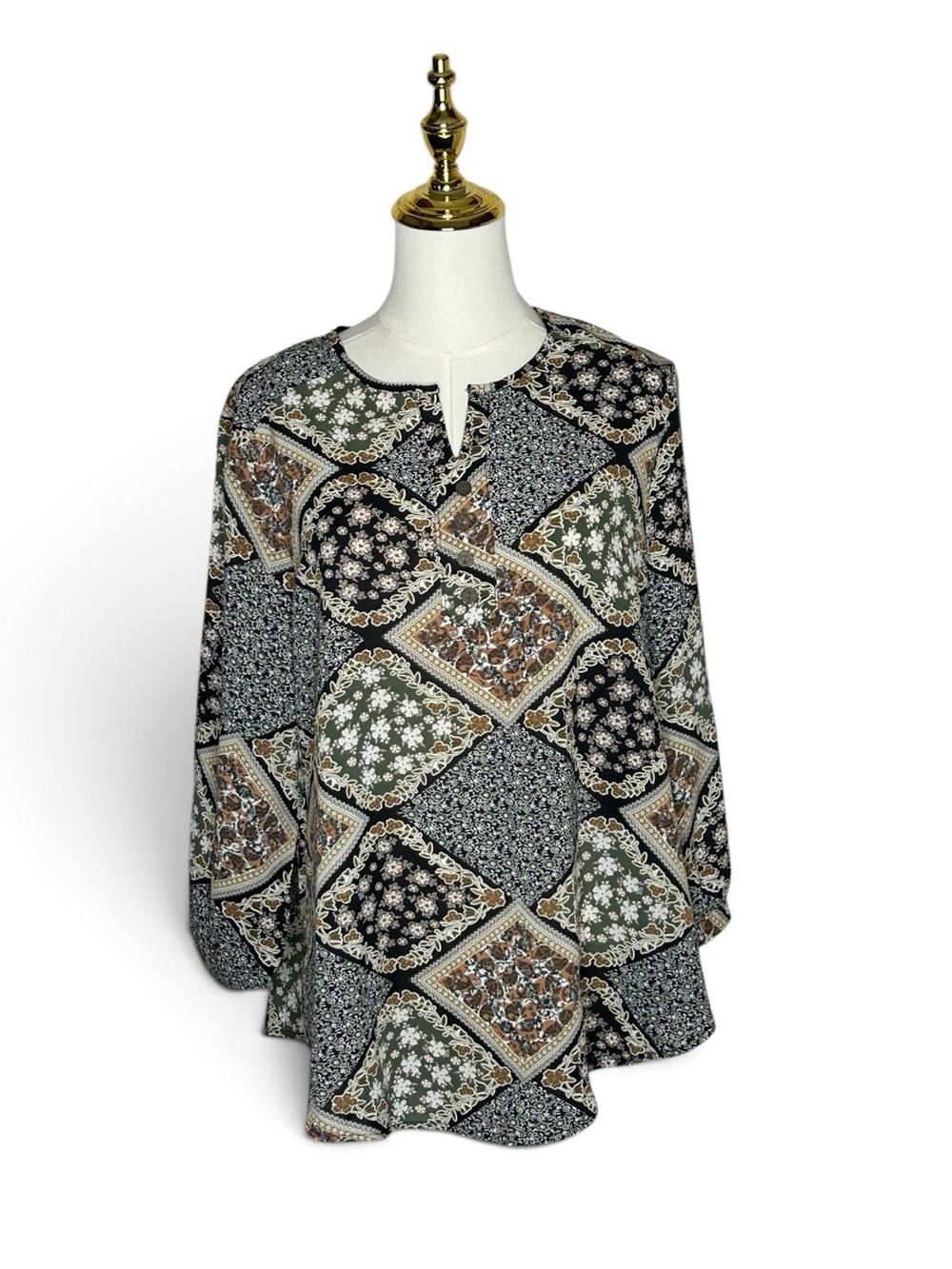 indigo soul Boho Patchwork Floral Peasant Top Sz L Prairie Goblincore 3/4 Sleeve